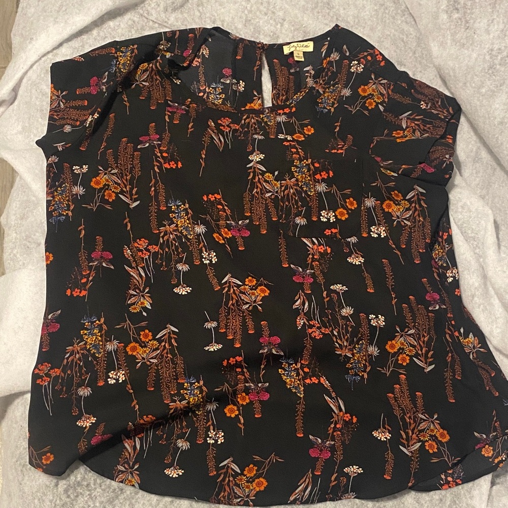 LOFT Black Blouse with Multicolor Floral Design